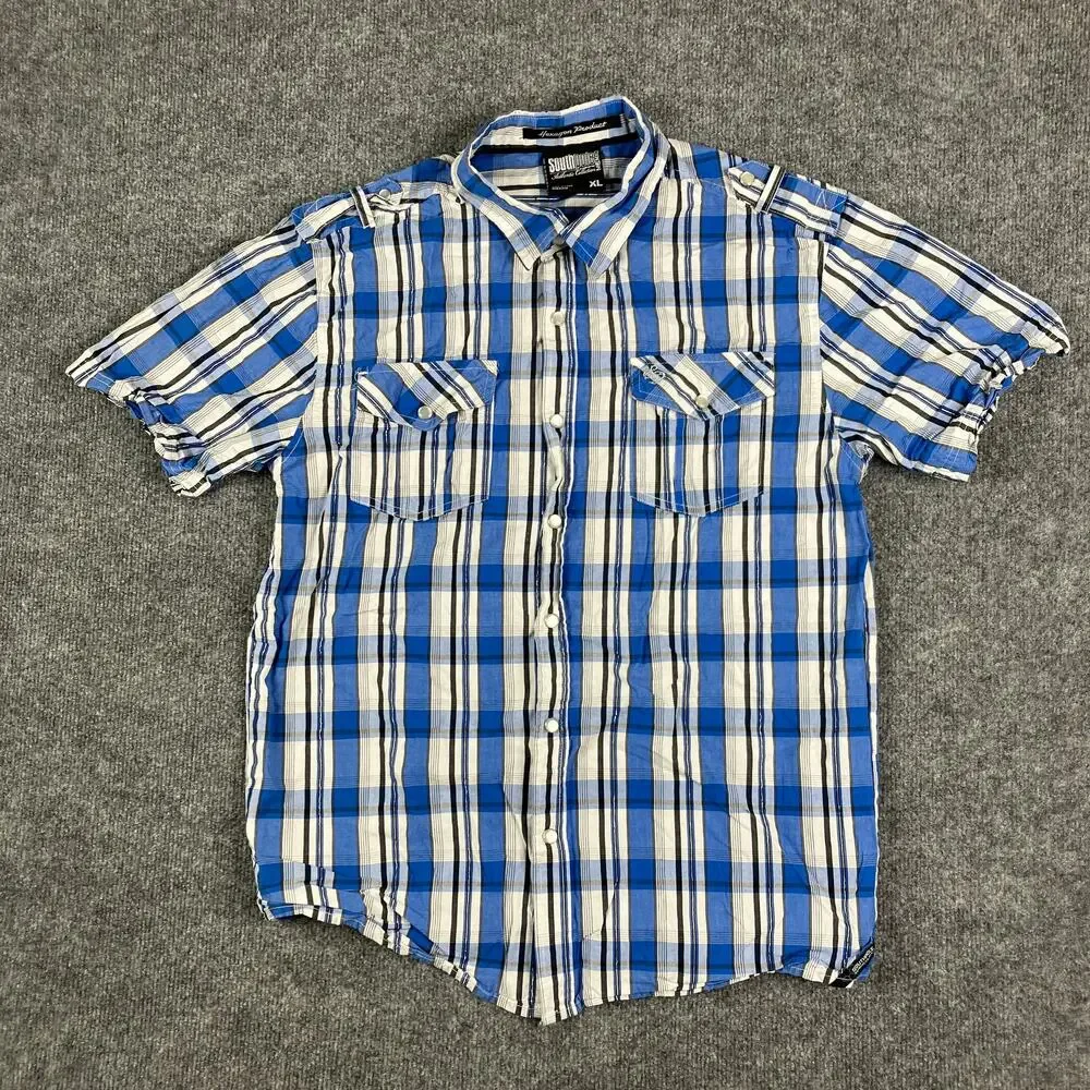 Southpole Shirt Mens XL Blue Plaid‎ Short Sleeve Button-Up Casual Western